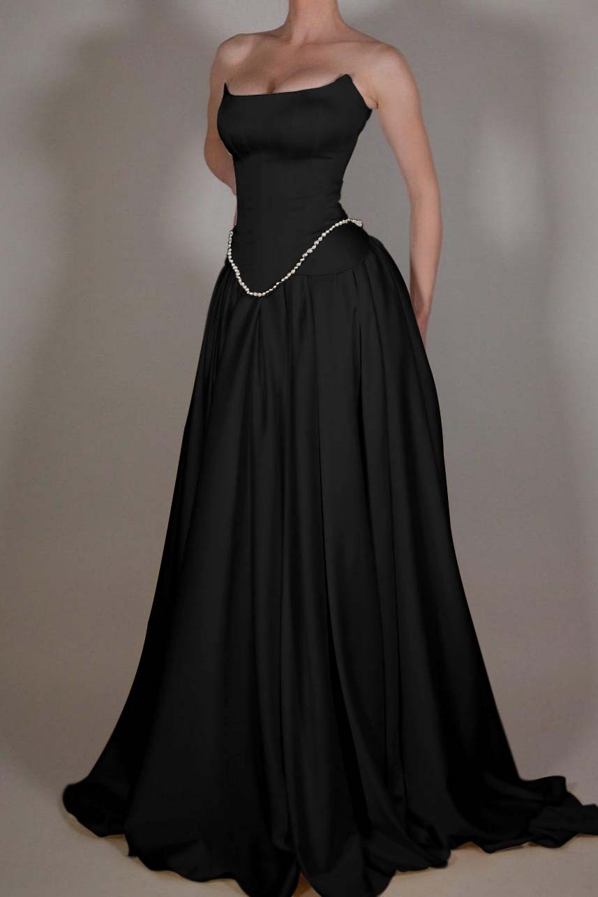 A Line Prom Dress Strapless Satin Sleeveless Formal Dress