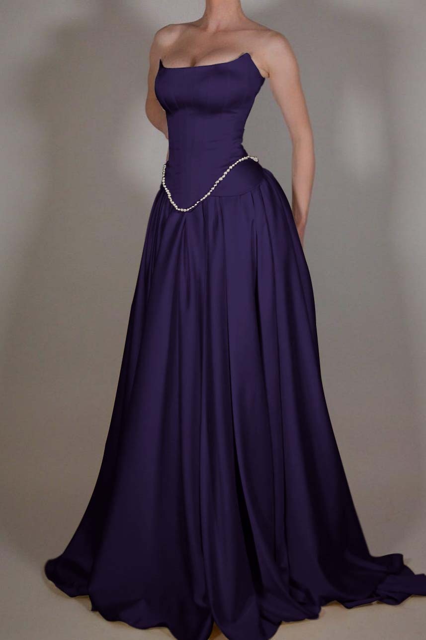 A Line Prom Dress Strapless Satin Sleeveless Formal Dress