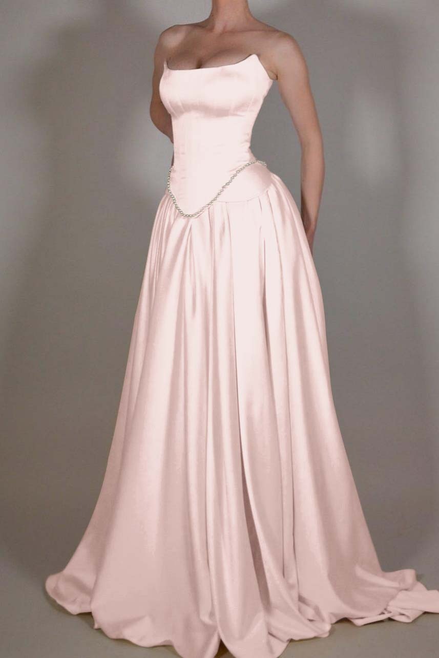 A Line Prom Dress Strapless Satin Sleeveless Formal Dress