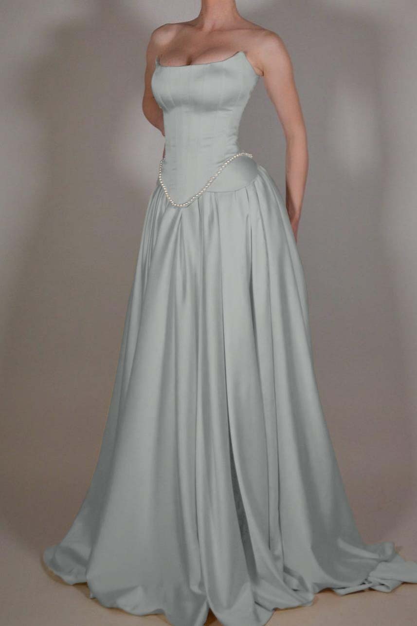 A Line Prom Dress Strapless Satin Sleeveless Formal Dress