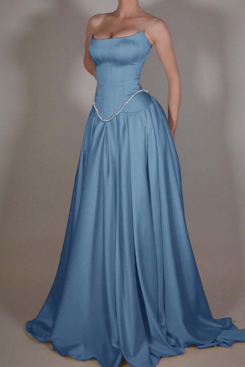 A Line Prom Dress Strapless Satin Sleeveless Formal Dress