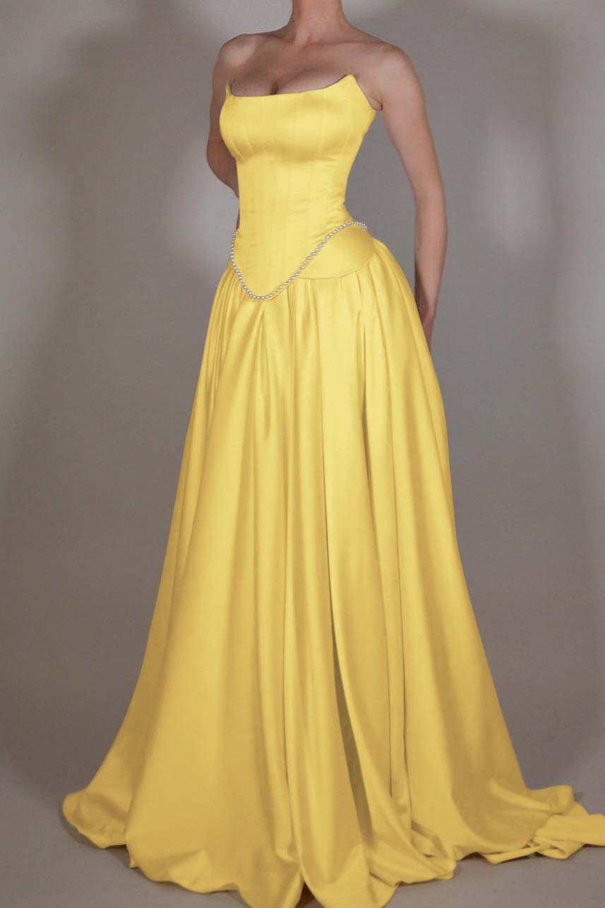 A Line Prom Dress Strapless Satin Sleeveless Formal Dress