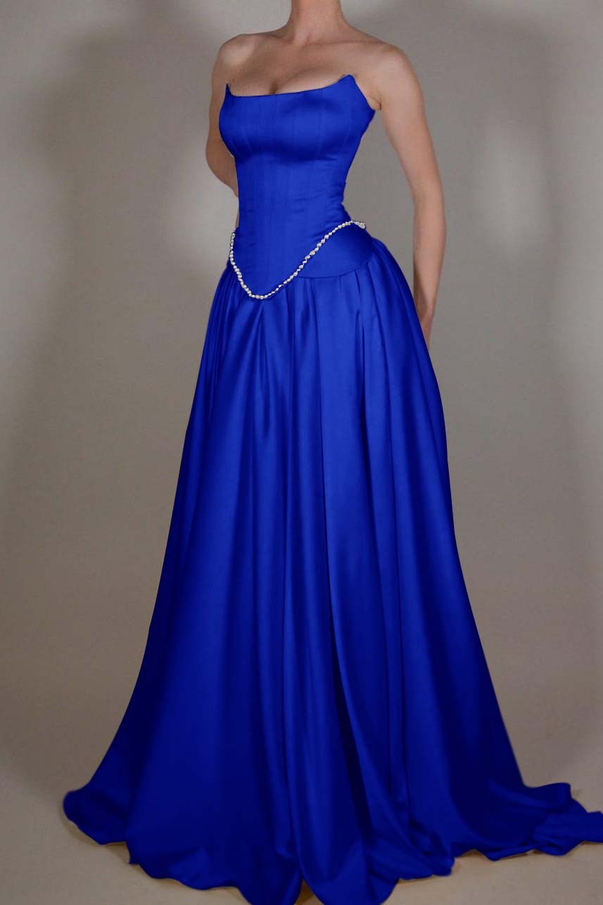 A Line Prom Dress Strapless Satin Sleeveless Formal Dress