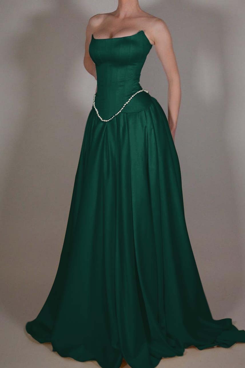 A Line Prom Dress Strapless Satin Sleeveless Formal Dress
