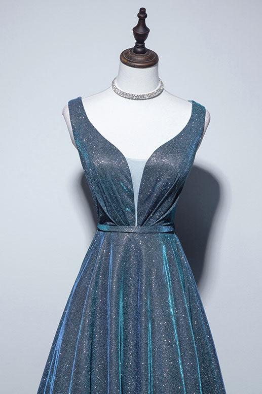 A Line Prom Dress V Neck Satin Blue Long Formal Evening Dress