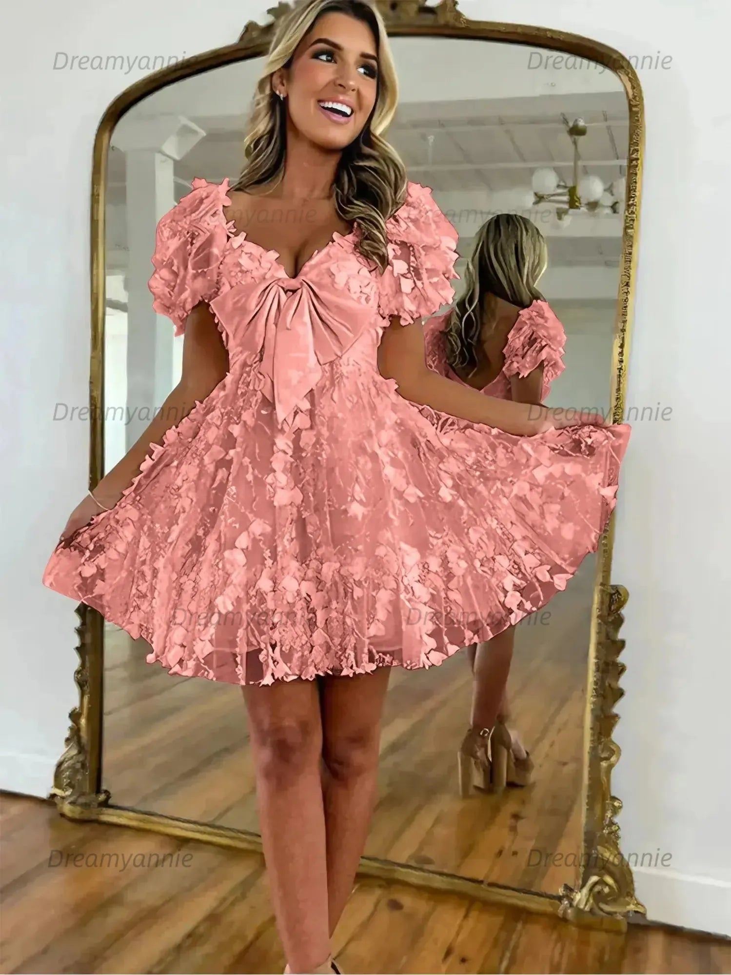 A-Line Puff Sleeves Short Tulle Homecoming Dress With Bowknot