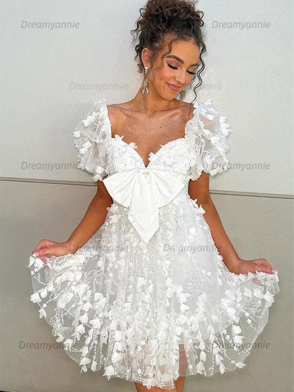 A-Line Puff Sleeves Short Tulle Homecoming Dress With Bowknot