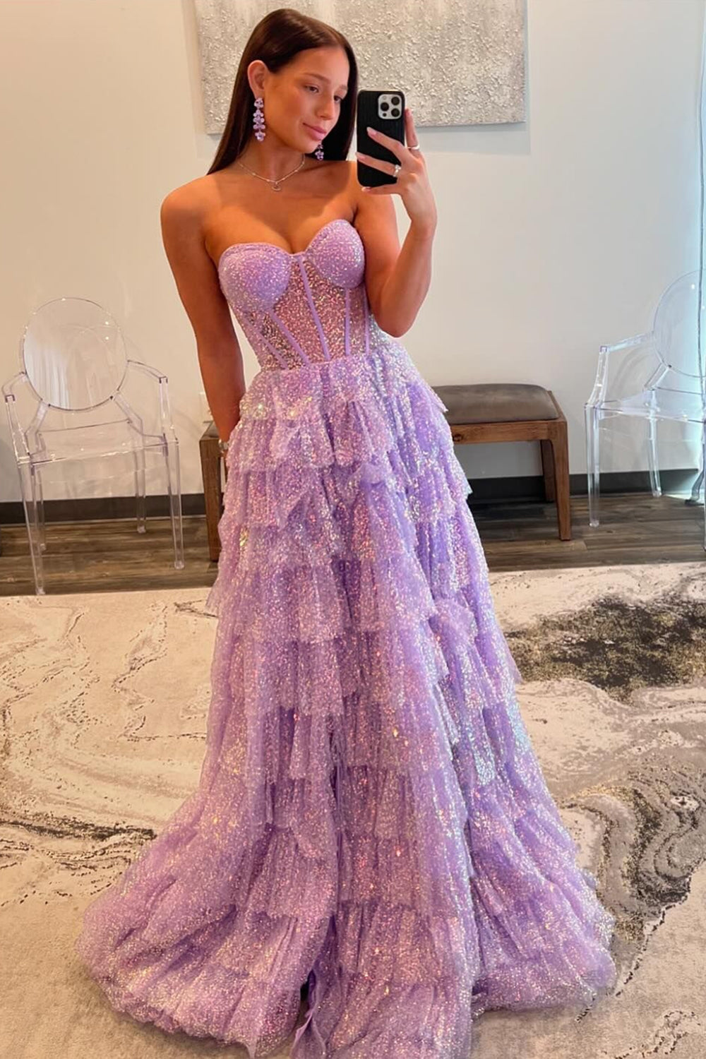 A Line Purple Prom Dress Strapless Tiered Long Evening Dress with Sequined