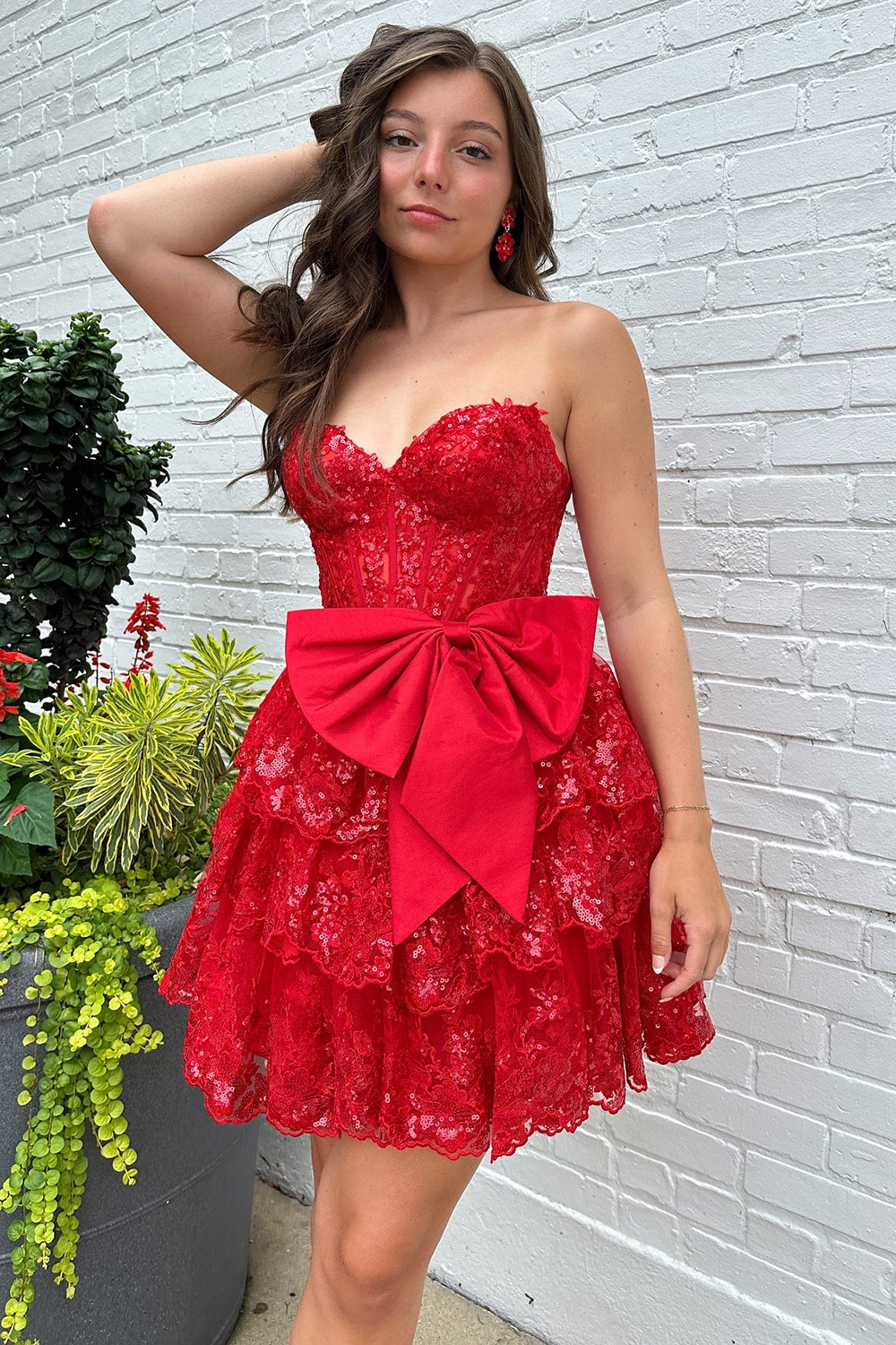 A Line Red Homecoming Dress Strapless Corset Short Prom Dress with Bow