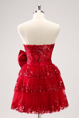 A Line Red Homecoming Dress Strapless Short Prom Dress with Bow