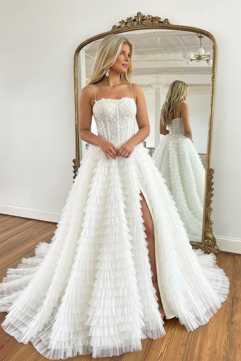 A Line Red Prom Dress Spaghetti Straps Long Tulle Evening Dress with Slit