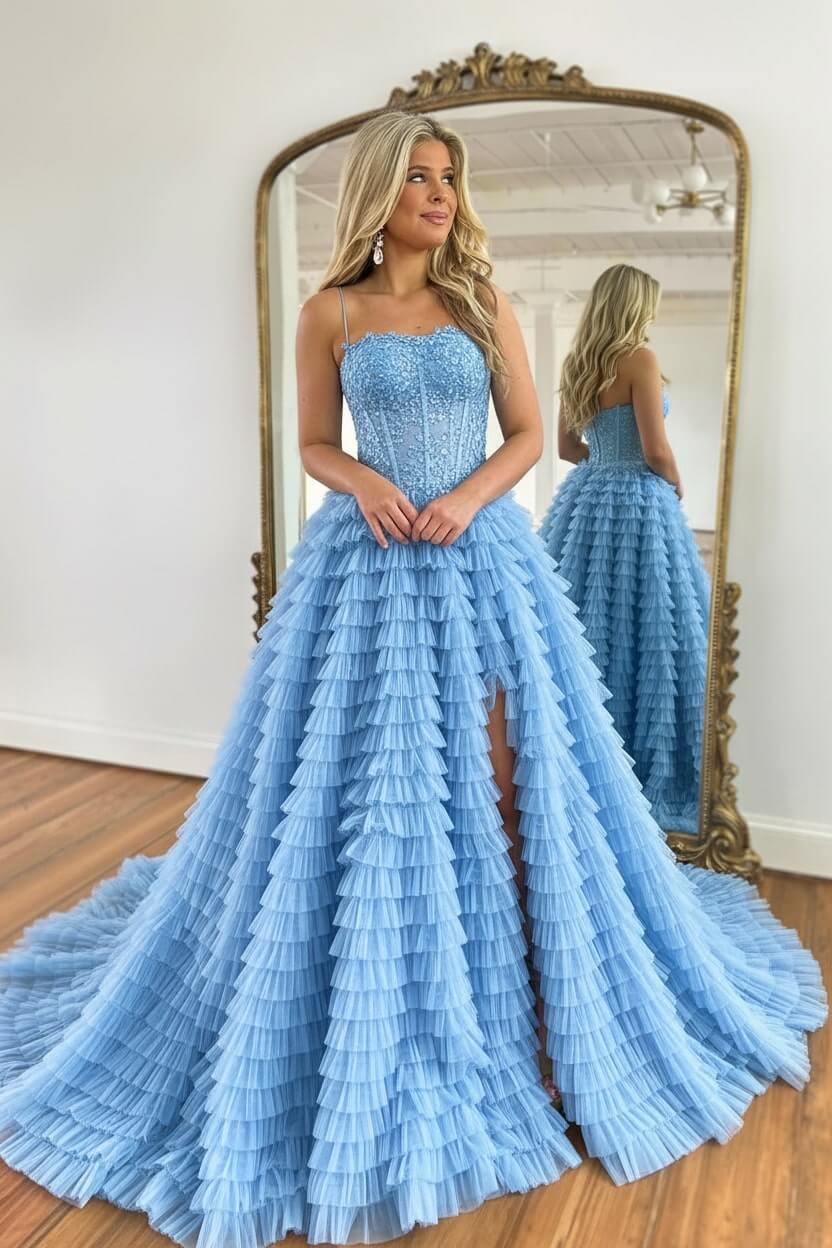 A Line Red Prom Dress Spaghetti Straps Long Tulle Evening Dress with Slit