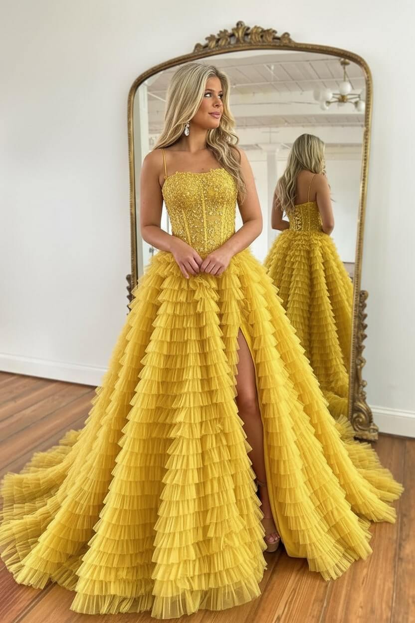 A Line Red Prom Dress Spaghetti Straps Long Tulle Evening Dress with Slit