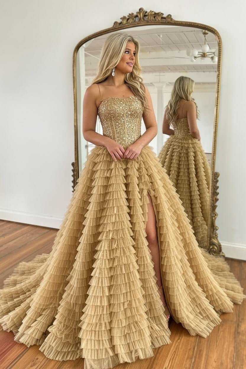 A Line Red Prom Dress Spaghetti Straps Long Tulle Evening Dress with Slit