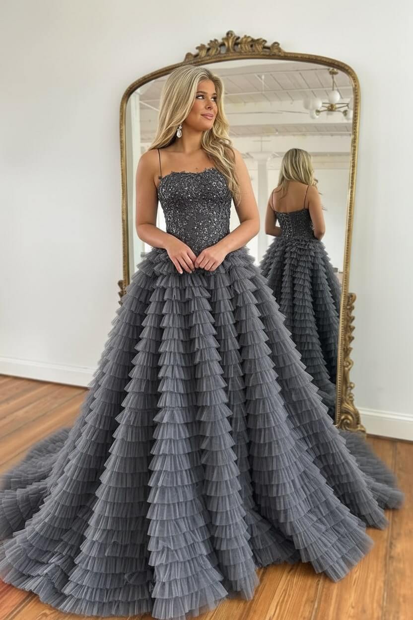 A Line Red Prom Dress Spaghetti Straps Long Tulle Evening Dress with Slit