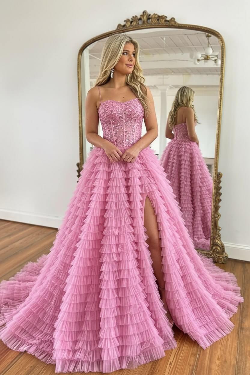 A Line Red Prom Dress Spaghetti Straps Long Tulle Evening Dress with Slit