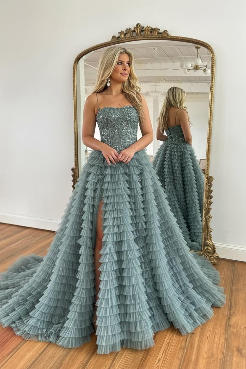 A Line Red Prom Dress Spaghetti Straps Long Tulle Evening Dress with Slit