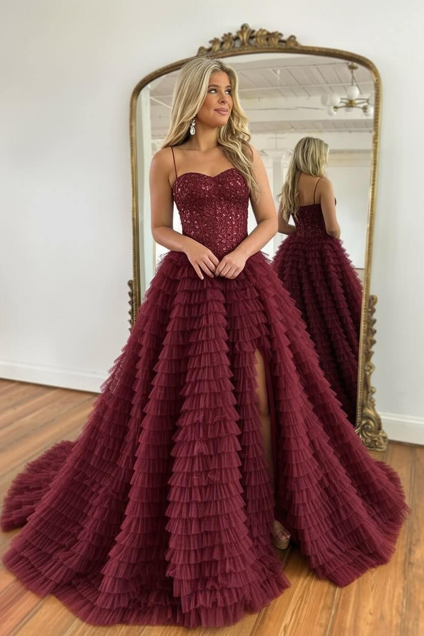 A Line Red Prom Dress Spaghetti Straps Long Tulle Evening Dress with Slit