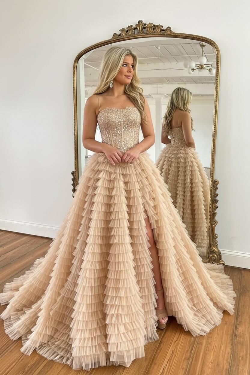 A Line Red Prom Dress Spaghetti Straps Long Tulle Evening Dress with Slit