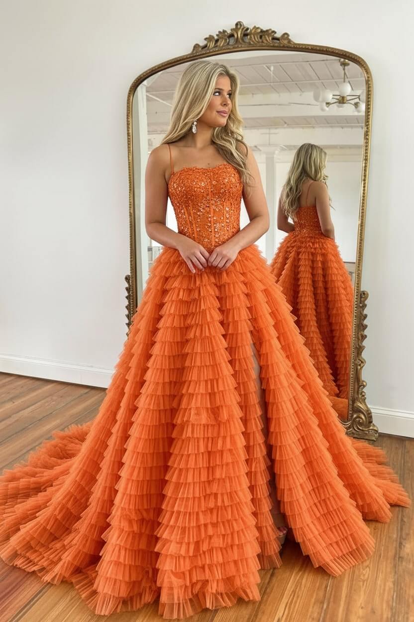 A Line Red Prom Dress Spaghetti Straps Long Tulle Evening Dress with Slit