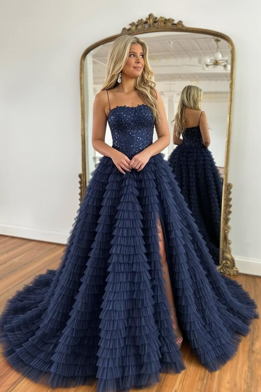 A Line Red Prom Dress Spaghetti Straps Long Tulle Evening Dress with Slit