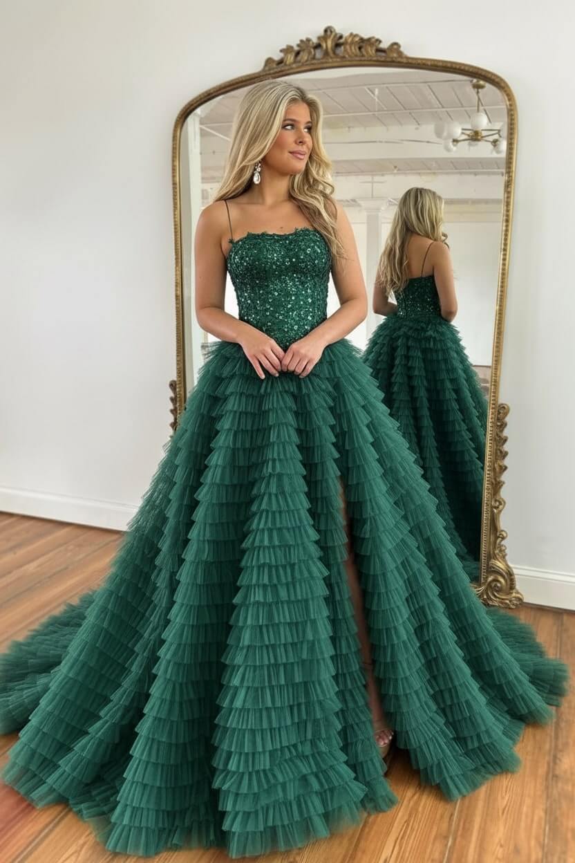 A Line Red Prom Dress Spaghetti Straps Long Tulle Evening Dress with Slit