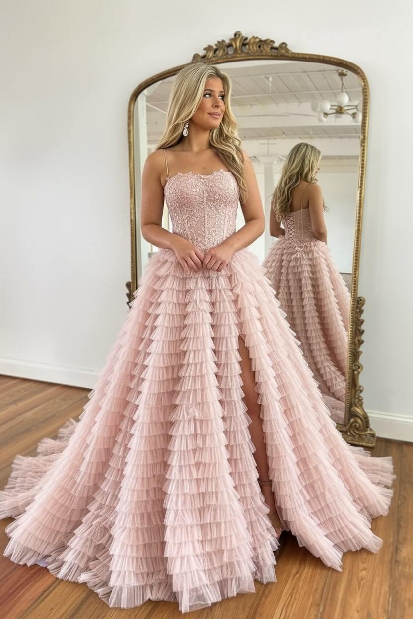 A Line Red Prom Dress Spaghetti Straps Long Tulle Evening Dress with Slit