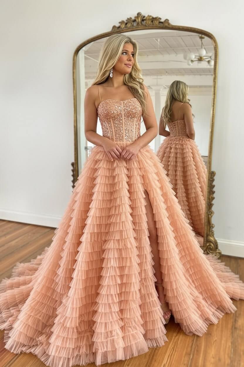 A Line Red Prom Dress Spaghetti Straps Long Tulle Evening Dress with Slit