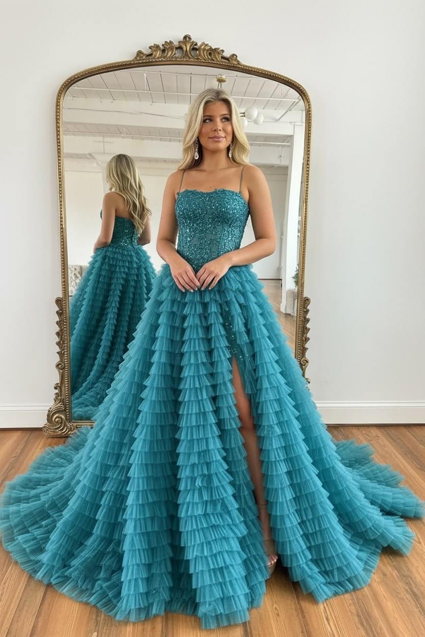 A Line Red Prom Dress Spaghetti Straps Long Tulle Evening Dress with Slit