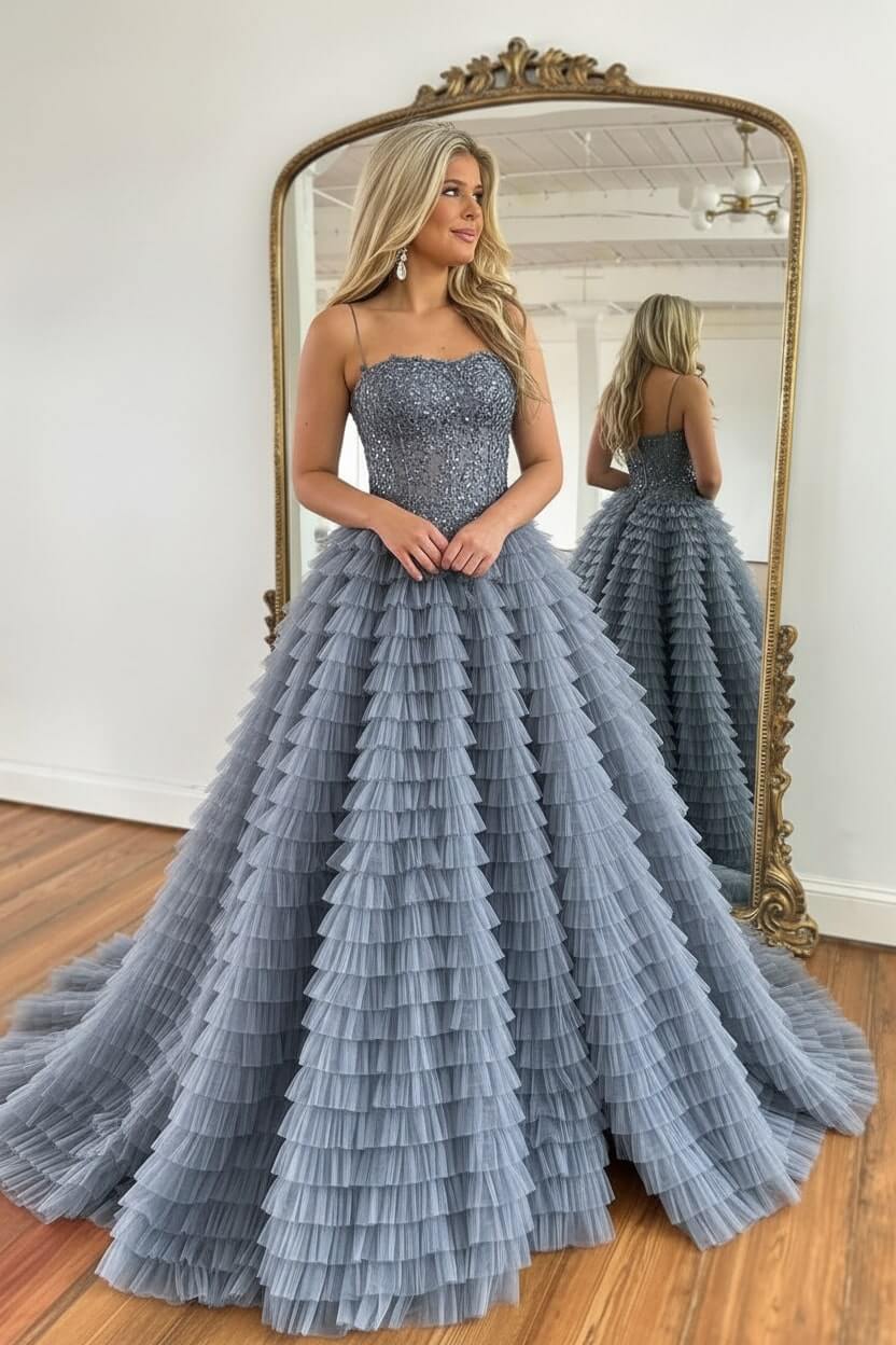 A Line Red Prom Dress Spaghetti Straps Long Tulle Evening Dress with Slit