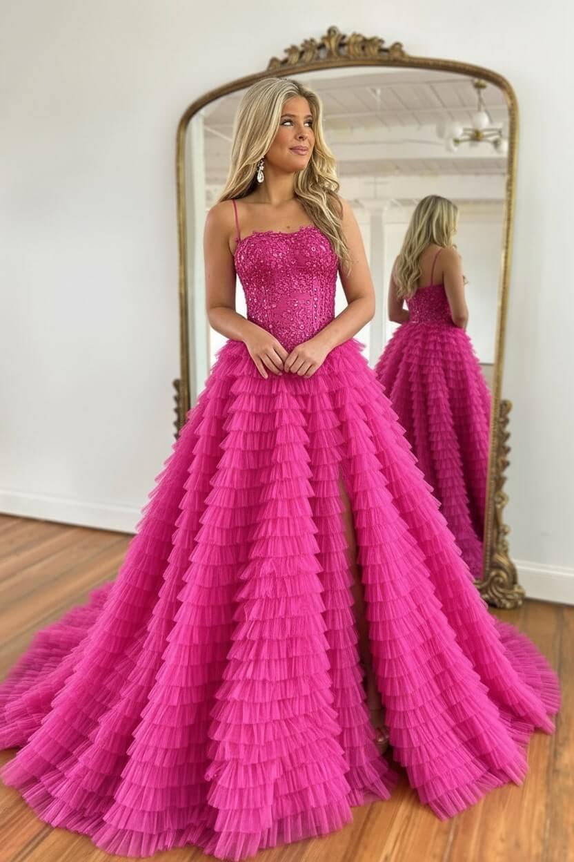 A Line Red Prom Dress Spaghetti Straps Long Tulle Evening Dress with Slit