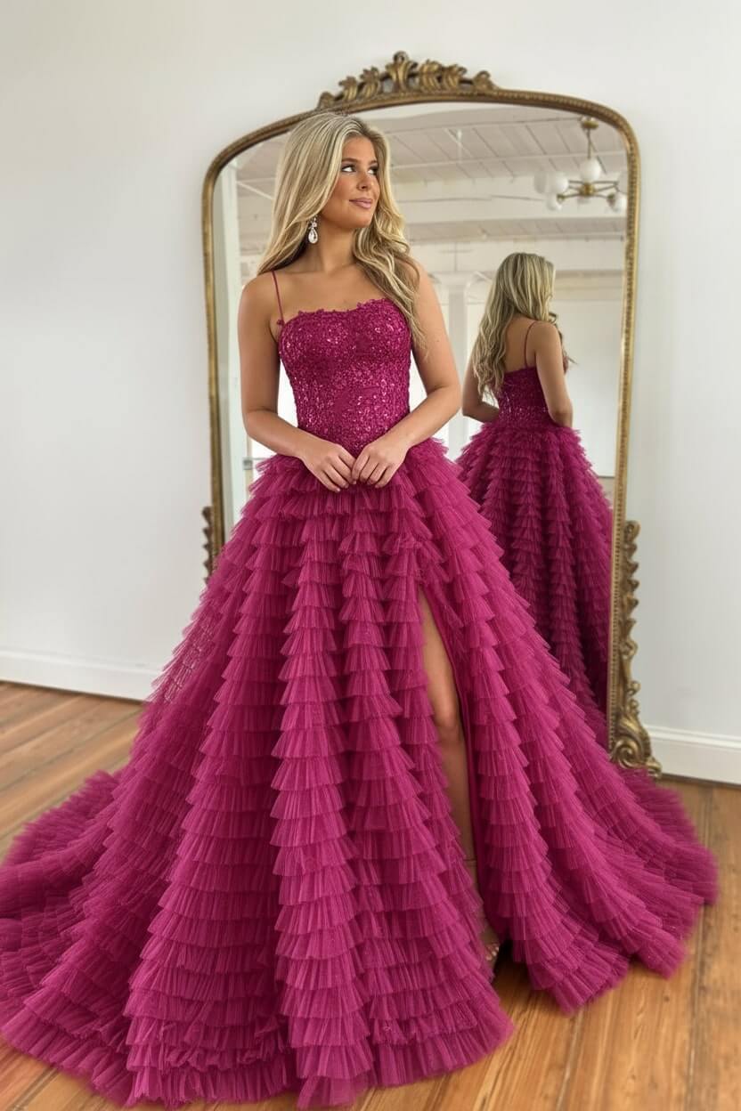 A Line Red Prom Dress Spaghetti Straps Long Tulle Evening Dress with Slit