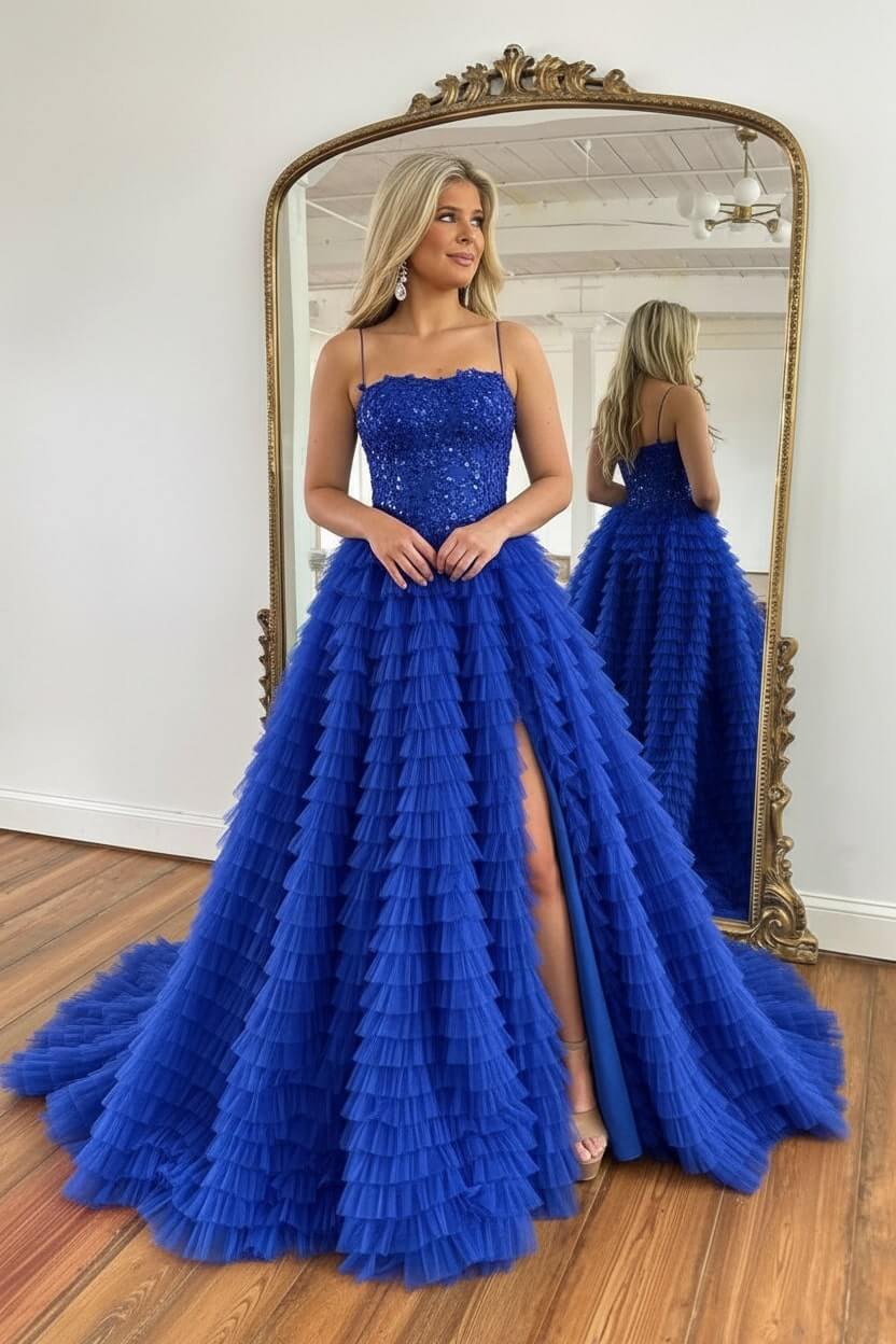 A Line Red Prom Dress Spaghetti Straps Long Tulle Evening Dress with Slit