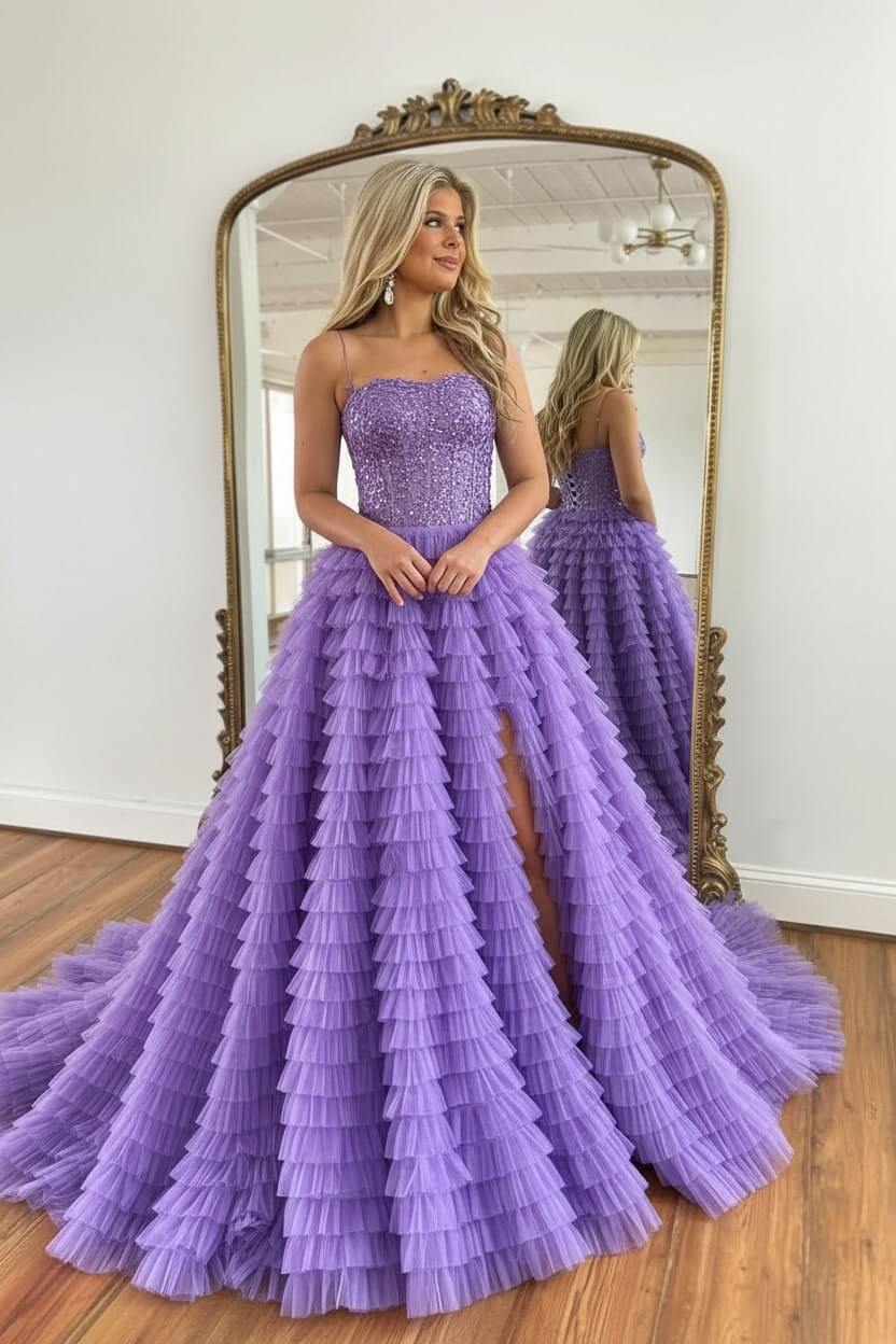 A Line Red Prom Dress Spaghetti Straps Long Tulle Evening Dress with Slit