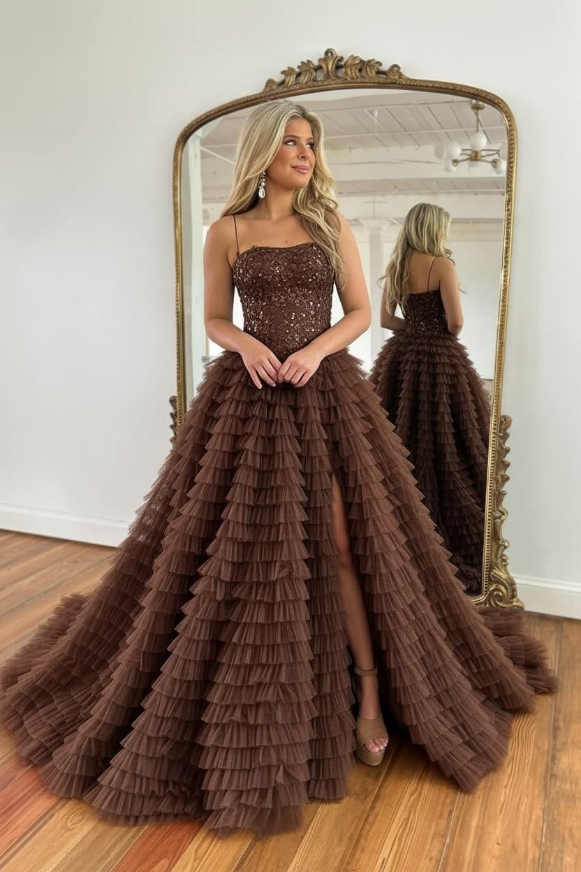 A Line Red Prom Dress Spaghetti Straps Long Tulle Evening Dress with Slit