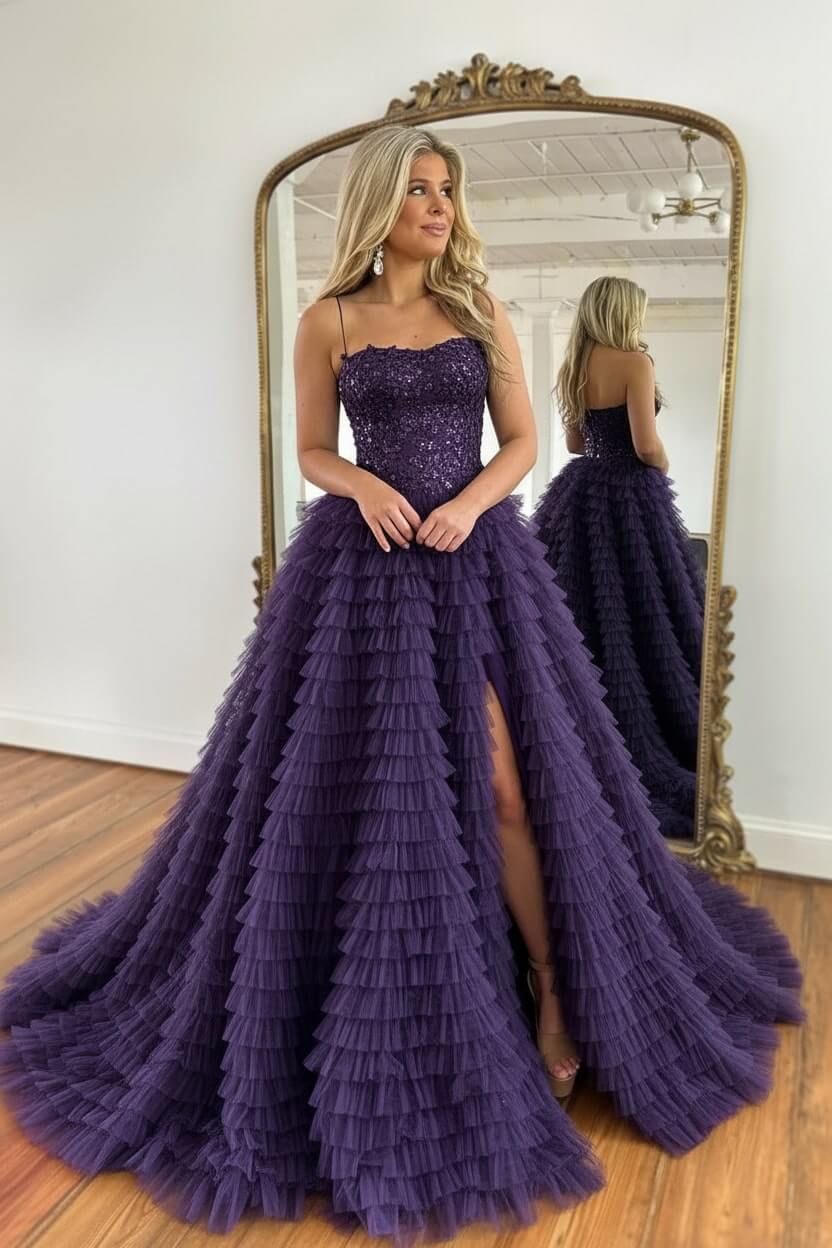 A Line Red Prom Dress Spaghetti Straps Long Tulle Evening Dress with Slit