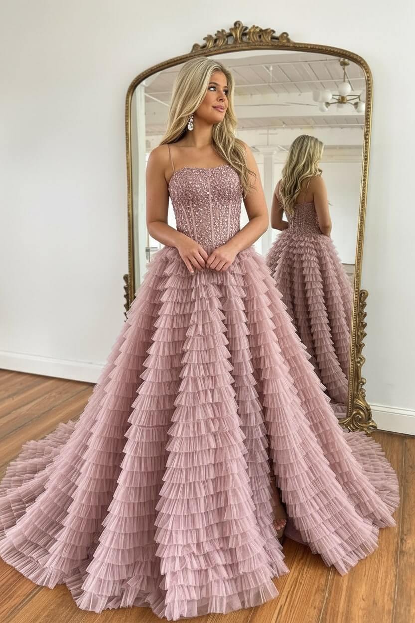 A Line Red Prom Dress Spaghetti Straps Long Tulle Evening Dress with Slit