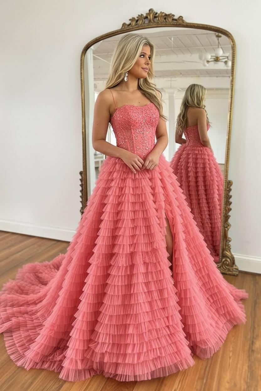 A Line Red Prom Dress Spaghetti Straps Long Tulle Evening Dress with Slit