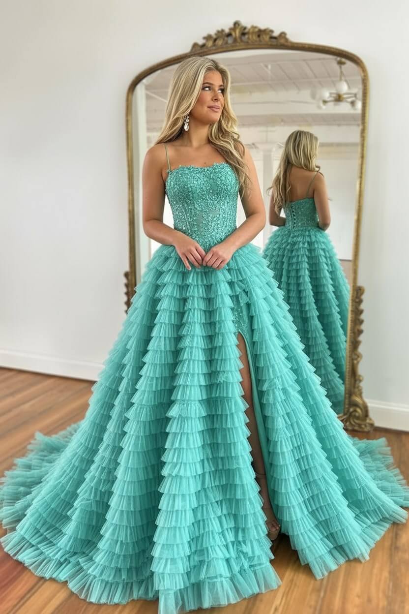 A Line Red Prom Dress Spaghetti Straps Long Tulle Evening Dress with Slit