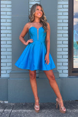 A-Line Royal Blue Homecoming Dress Strapless Corset Short Prom Dress with Sleeves