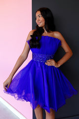 A-Line Royal Blue Homecoming Dress Strapless Tulle Short Cocktail Dresses with Sequin