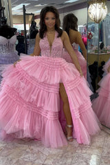 A-Line Royal Blue Prom Dress Halter Neck Corset Tulle Long Formal Dress With Appliques