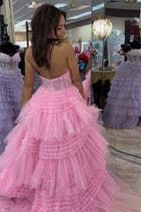 A-Line Royal Blue Prom Dress Halter Neck Corset Tulle Long Formal Dress With Appliques