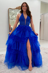A-Line Royal Blue Prom Dress Halter Neck Corset Tulle Long Formal Dress With Appliques