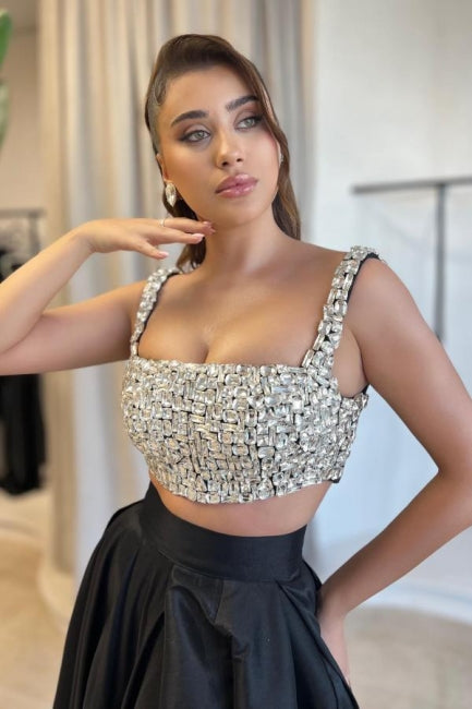 A Line Satin Square Sleeveless Black Prom Dress Formal Dress With Split