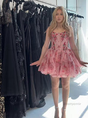 A Line Short Corset Tulle Homecoming Dress with Ruffles