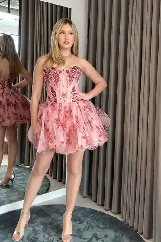 A Line Short Corset Tulle Homecoming Dress with Ruffles