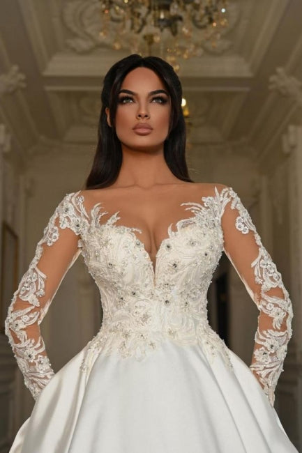 A Line Sleeve White Wedding Dress Beaded Lace Up Lace Ball Gown Bridal Gown With Pearls