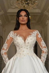 A Line Sleeve White Wedding Dress Beaded Lace Up Lace Ball Gown Bridal Gown With Pearls
