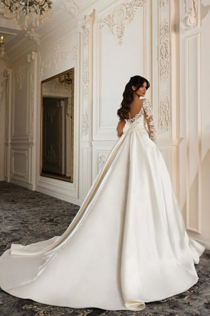 A Line Sleeve White Wedding Dress Beaded Lace Up Lace Ball Gown Bridal Gown With Pearls